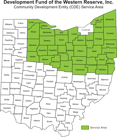 Map of all Ohio counties with the ones serviced by Development Fund of the Western Reserve highlighted in green.