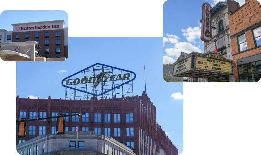 Collage of places helped by DFA: Hilton Garden Inn, Goodyear building, and Civic Theatre