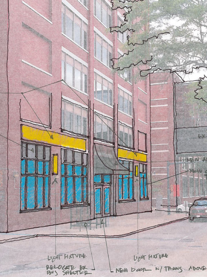 Sketch of a building facelift in downtown Akron